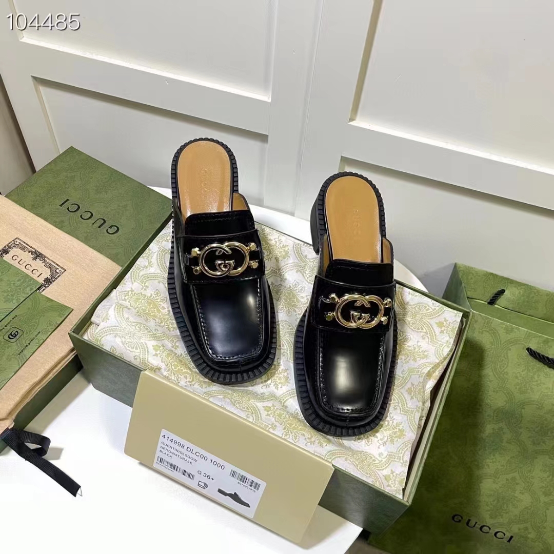 Gucci Women GG Slipper Interlocking G Black Leather Low 2.5 Cm Heel