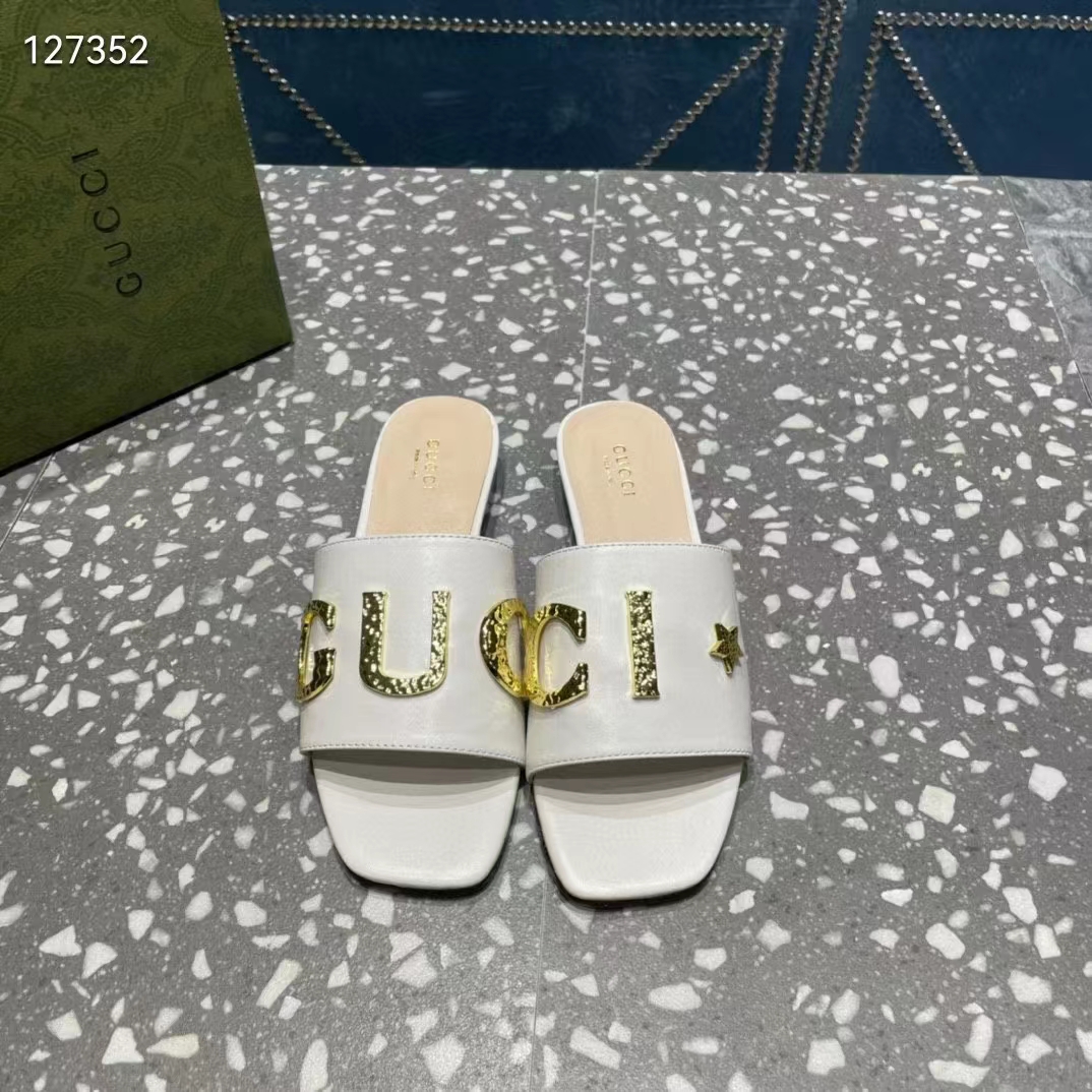 Gucci Women GG Slide Sandal White Leather Textured Logo Star Flat 1 Cm Heel