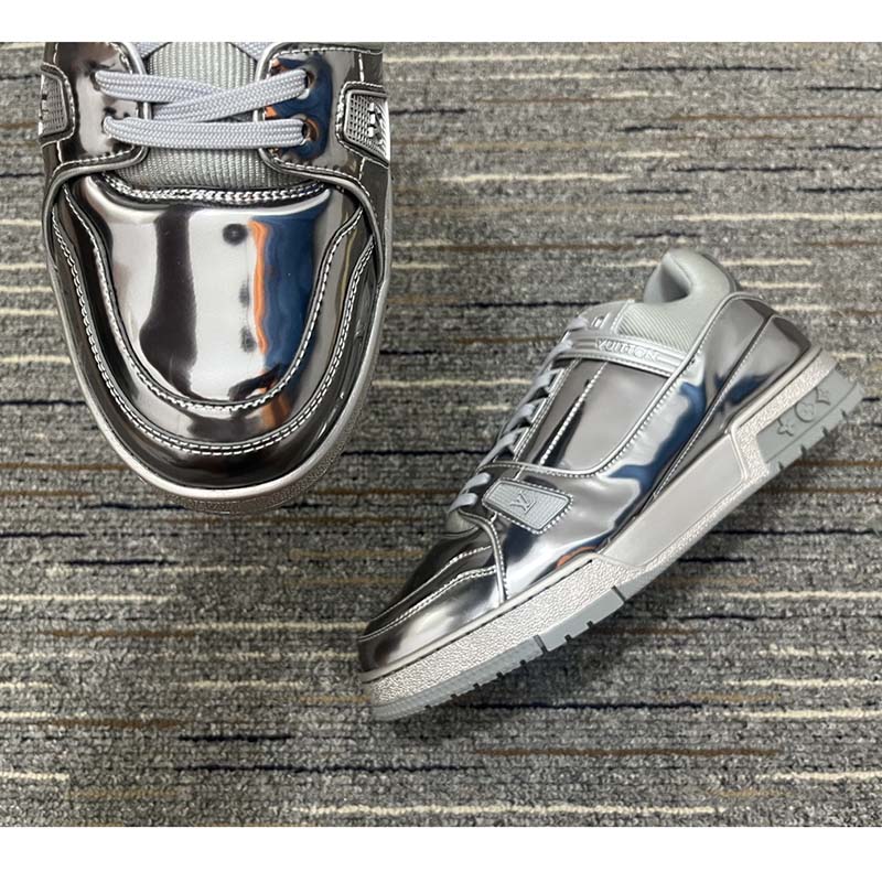 Louis Vuitton Unisex LV Trainer Sneaker Silver Metallic Canvas Rubber Outsole Monogram Flowers