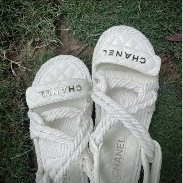 Chanel Women CC Cotton Tweed White Sandals Calfskin Leather Cotton 1 CM Heel