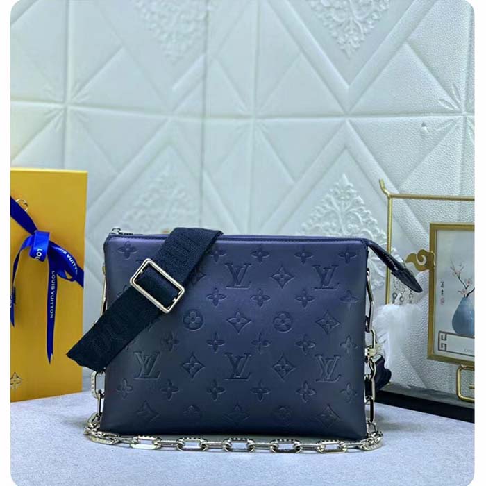 Louis Vuitton LV Women Coussin PM Handbag Marine Blue Monogram Embossed Puffy Lambskin Calfskin Leather