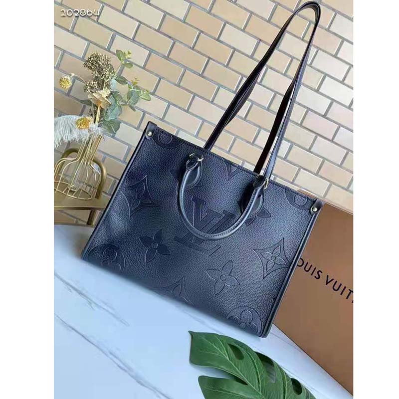 Louis Vuitton Women Onthego MM Tote Bag Black Embossed Grained Cowhide