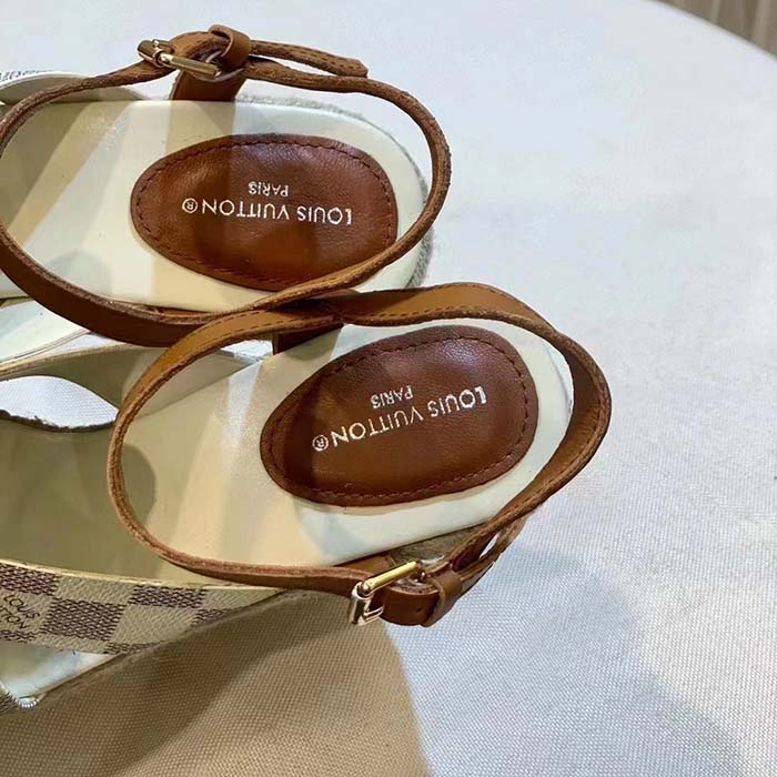 Louis Vuitton LV Women Starboard Wedge Sandal Natural Damier Azur Canvas Calf Leather