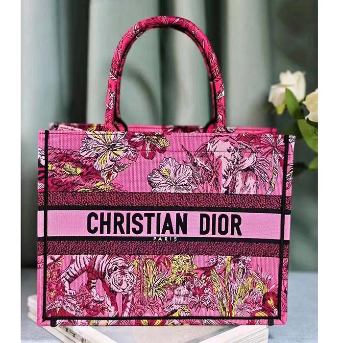 Dior Women CD Medium Book Tote Fuchsia Multicolor Toile De Jouy Voyage Embroidery
