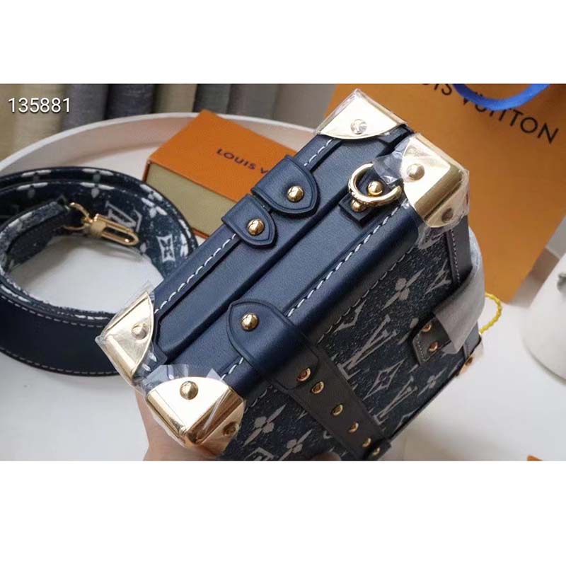 Louis Vuitton LV Unisex Petite Malle Box Handbag Blue Denim Monogram Canvas