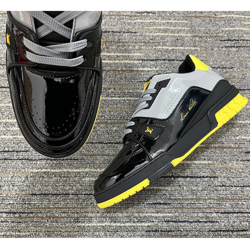 Louis Vuitton Unisex LV Trainer Sneaker Black Patent Canvas Rubber Outsole Monogram Flowers