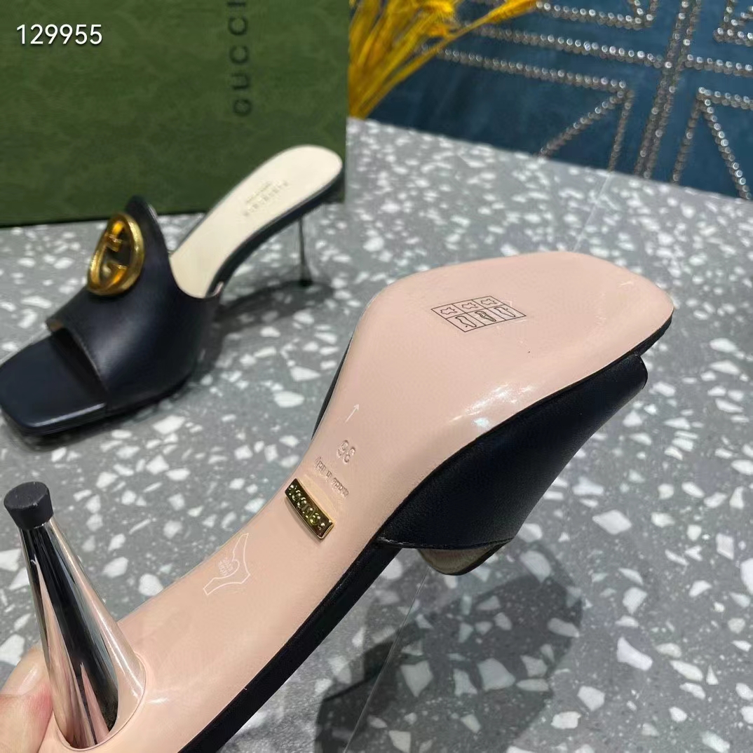 Gucci Women GG Blondie Slide Sandal Black Leather Metallic Mid Heel 6.6 Cm Heel