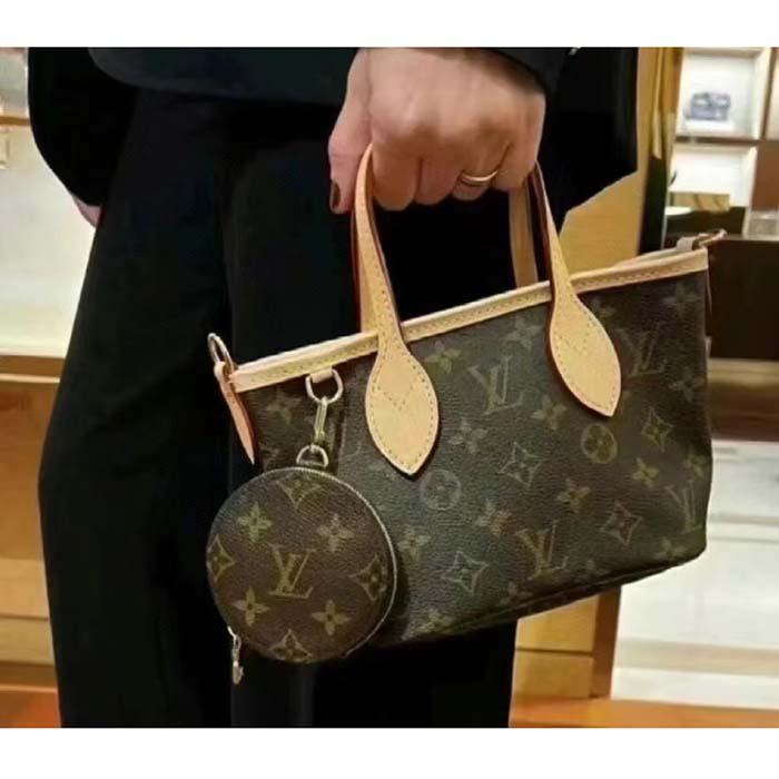 Louis Vuitton LV Women Neverfull BB Beige Monogram Coated Canvas Natural Cowhide Leather