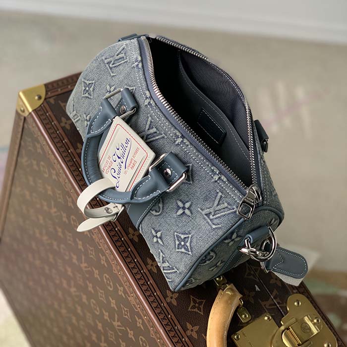 Louis Vuitton LV Unisex Keepall Bandoulière 25 Monogram Washed Denim Canvas Cowhide Leather