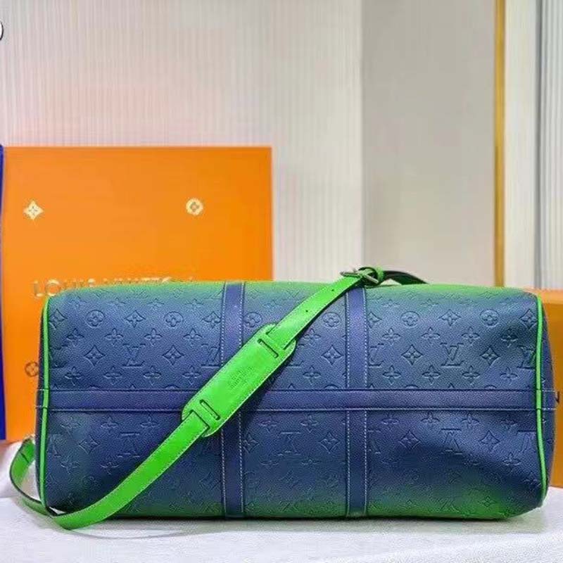 Louis Vuitton LV Unisex Keepall 50B Blue Green Taurillon Cowhide Leather
