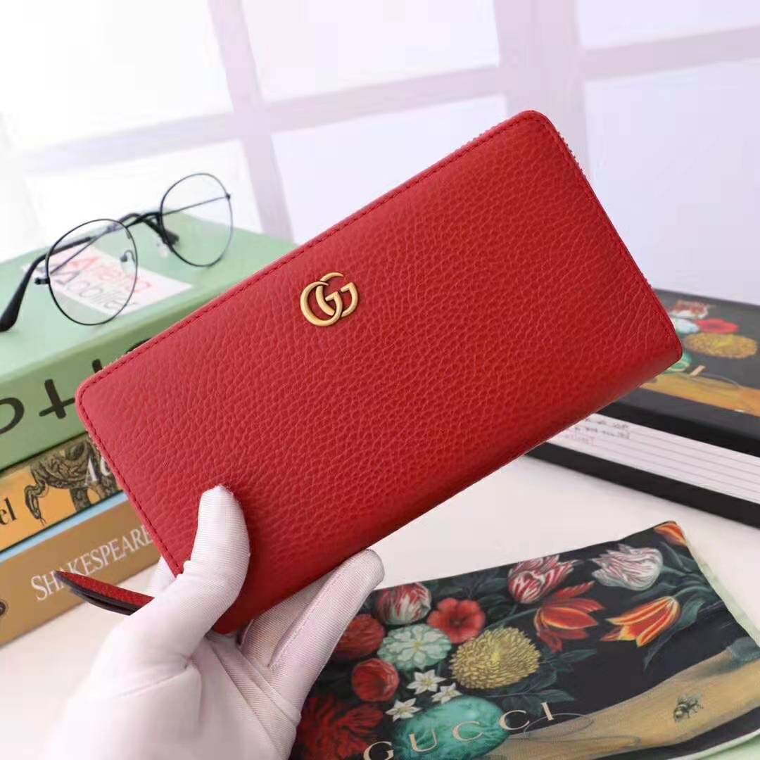 Gucci GG Unisex Leather Zip Around Wallet in Hibiscus Red Leather