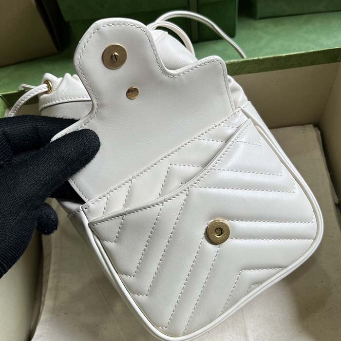 Gucci Women GG Marmont Mini Bucket Bag White Matelassé Chevron Leather Double G