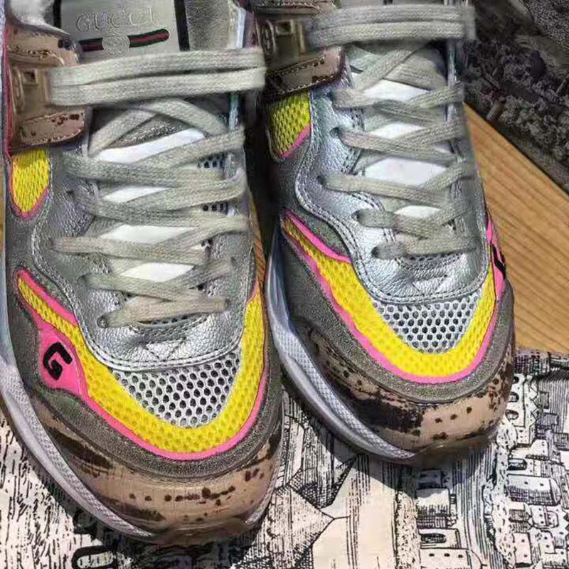 Gucci Unisex Ultrapace Sneaker with Embroidered Gucci and Interlocking G in Metallic Leather-Pink