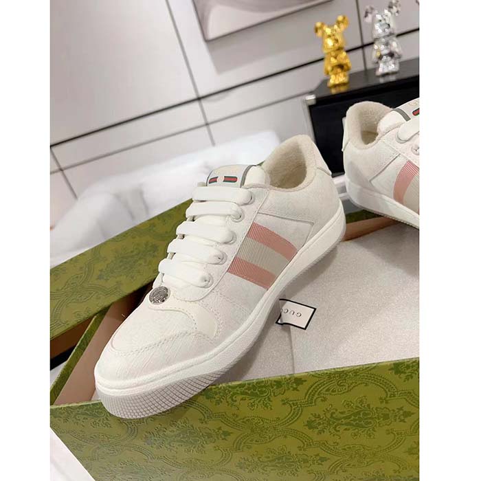 Gucci Unisex Screener Sneaker White GG Supreme Canvas Rubber Sole Lace-Up Low Heel