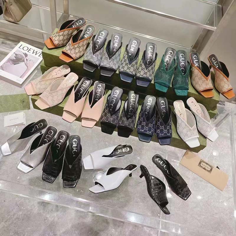 Gucci Women Sandal Black Mesh GG Crystals Square Toe Mid Heel 8 Cm Heel