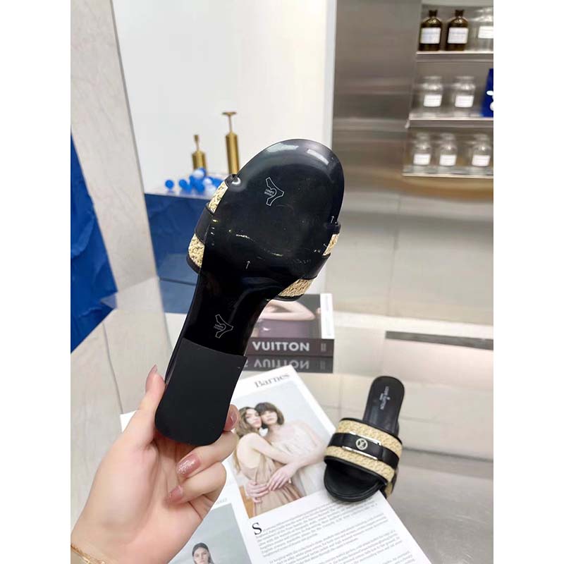 Louis Vuitton LV Women Lock It Mule Black Raffia Calf Leather Circle 3.5 cm Heel