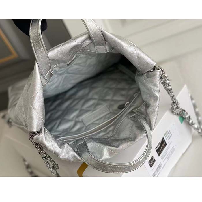 Chanel Women CC Large Back Pack Chanel 22 Handbag Metallic Calfskin Silver-Tone Metal