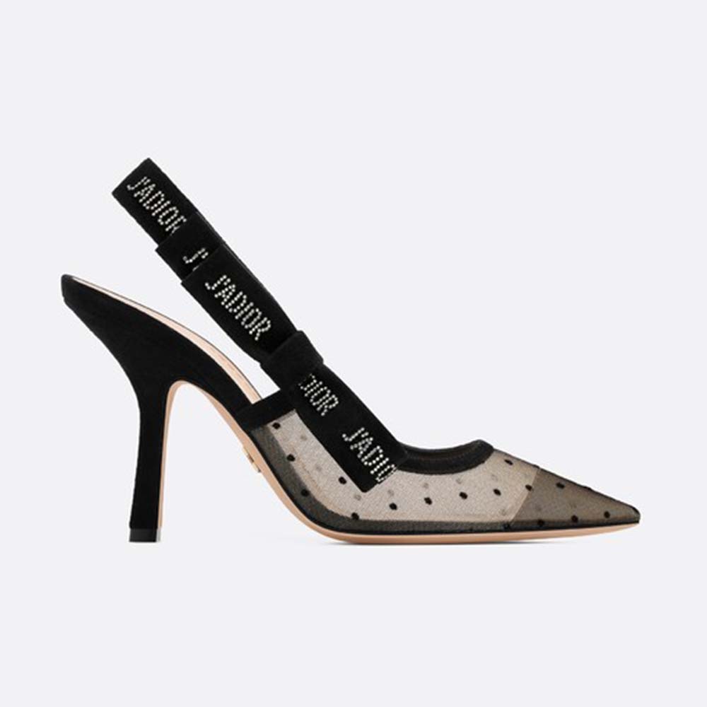 Dior Women J’adior Pump in Dotted Swiss Tulle and Rhinestones in 10 cm Heel-Black