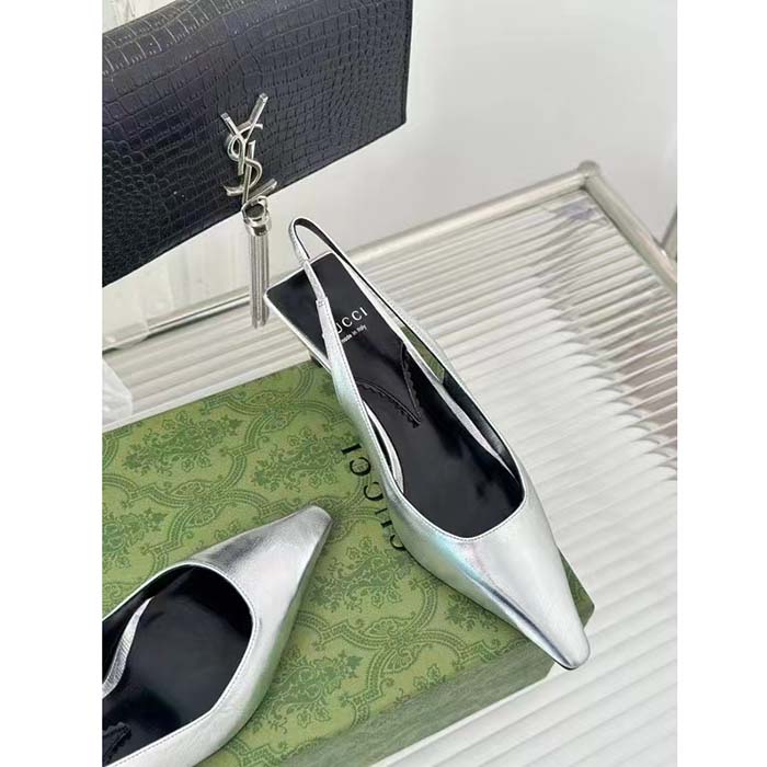 Gucci Women GG Slingback Pump Metallic Silver Leather Interlocking G Square Upper Mid-Heel