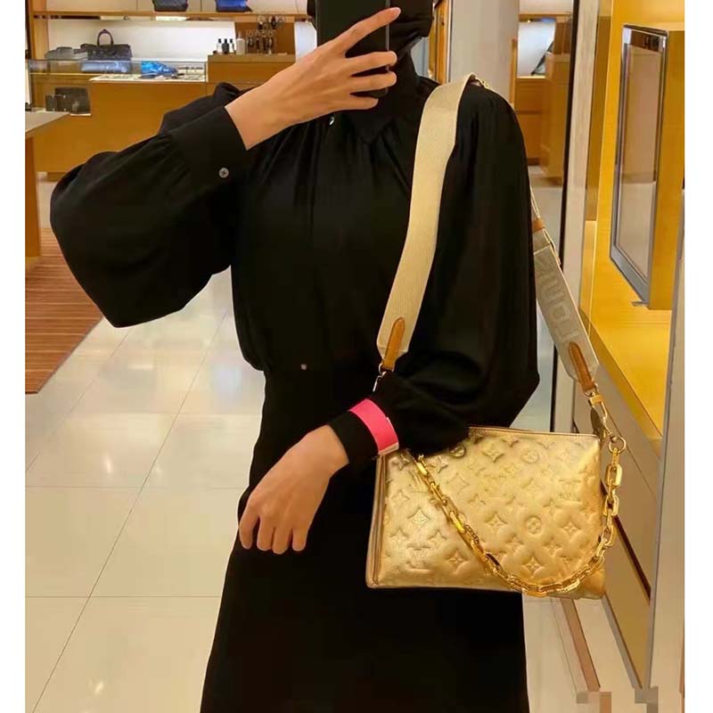 Louis Vuitton LV Women Coussin PM Gold Monogram-Embossed Puffy Lambskin Calfskin