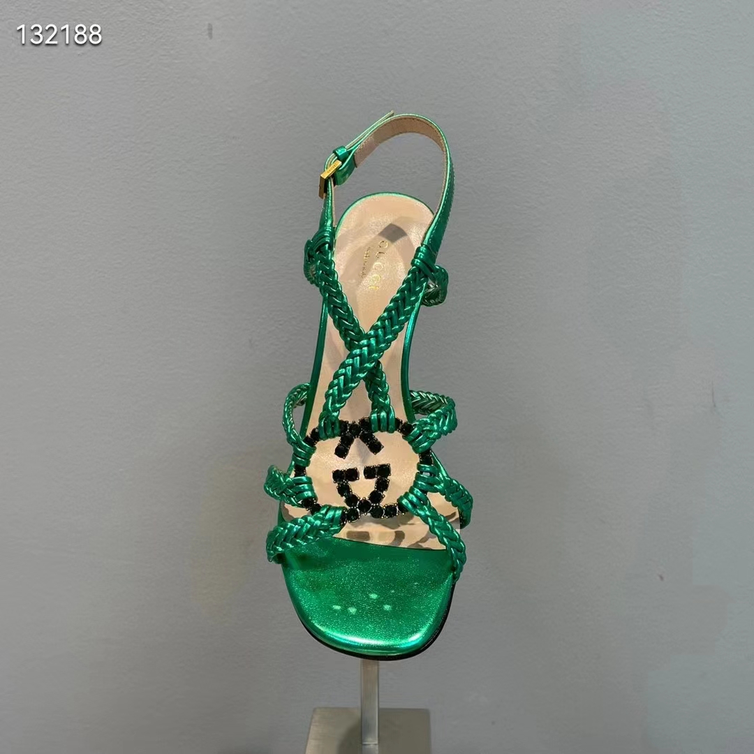 Gucci Women GG Cystal Interlocking G Sandal Green Metallic Braided High 9 CM Heel