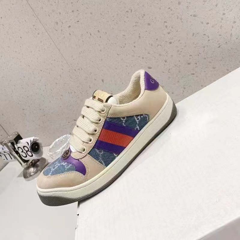 Gucci Unisex Screener Sneaker Purple Red Web Cream Scrap Less Leather