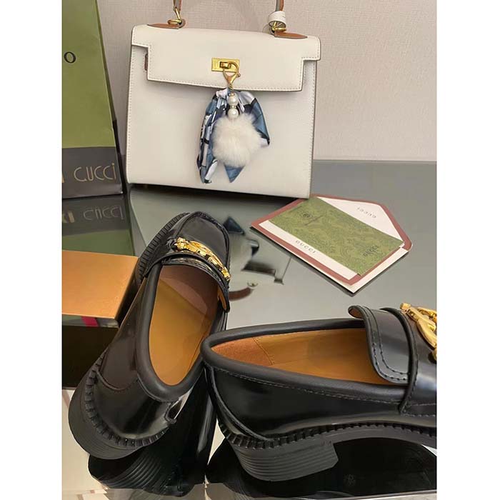 Gucci Unisex GG Loafer Interlocking G Shiny Black Leather Studs Rubber Low Heel