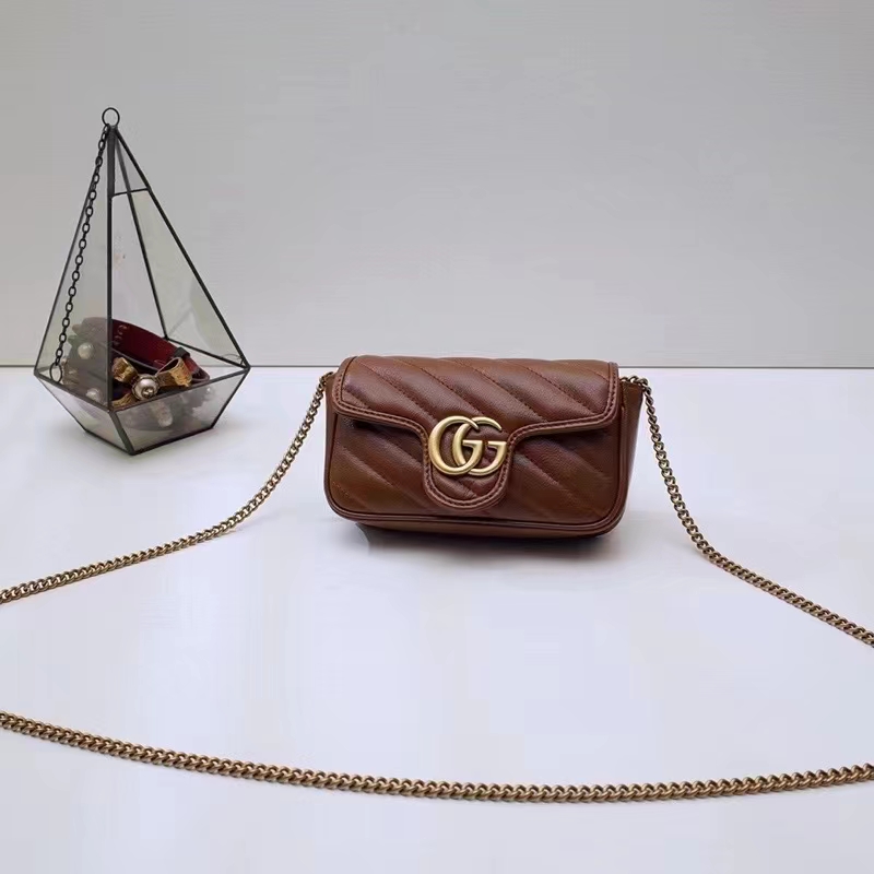Gucci Women GG Marmont Matelassé Super Mini Bag Brown Leather Double G