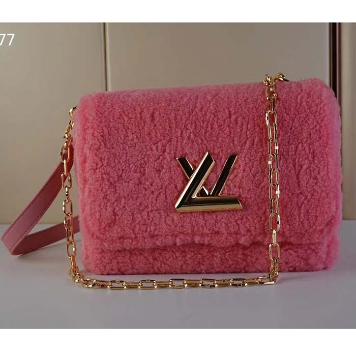 Louis Vuitton LV Women Twist MM Handbag Pink Shearling Smooth Calfskin Leather
