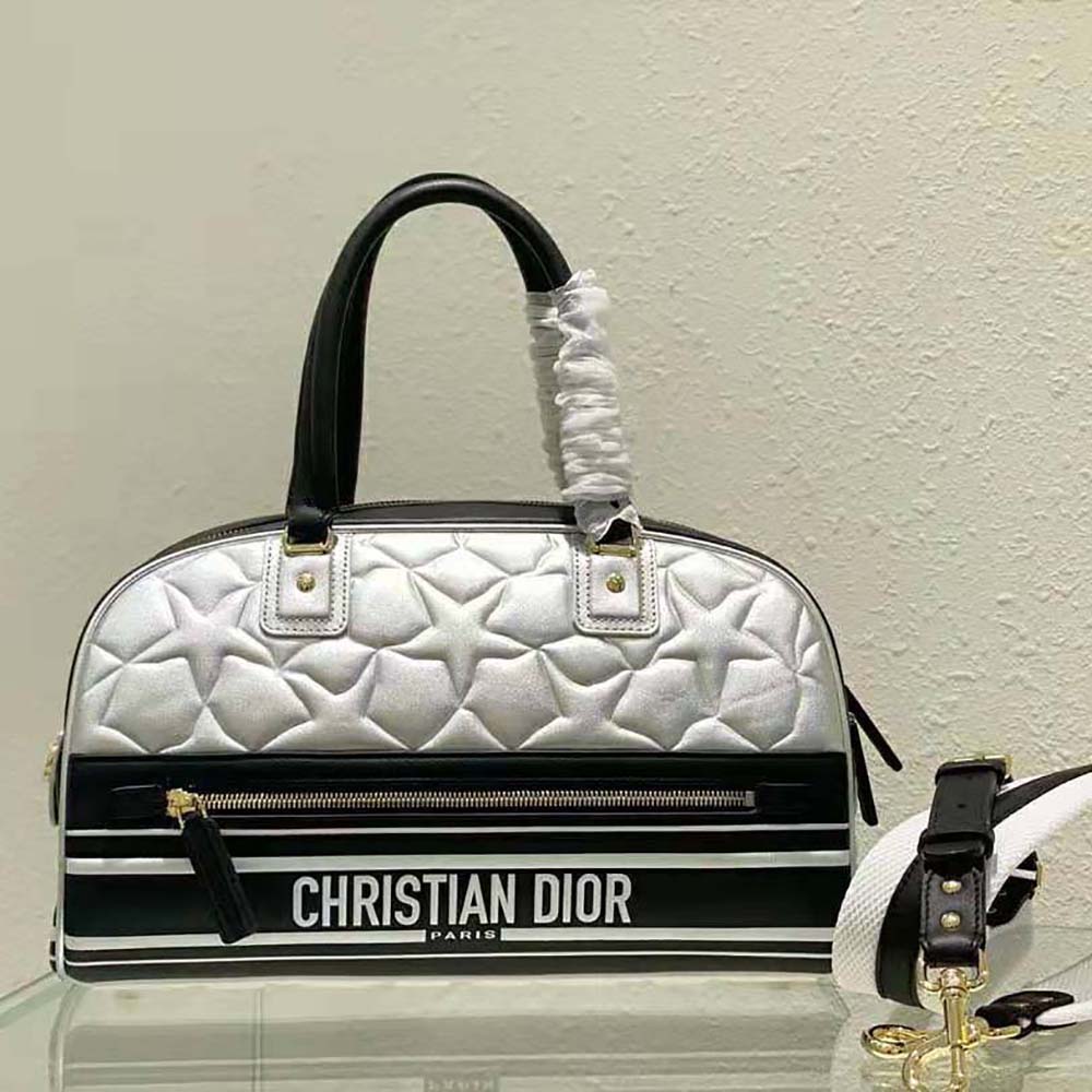 Dior Women Medium Dior Vibe Zip Bowling Bag Black and Silver Padded Dior Etoile Calfskin
