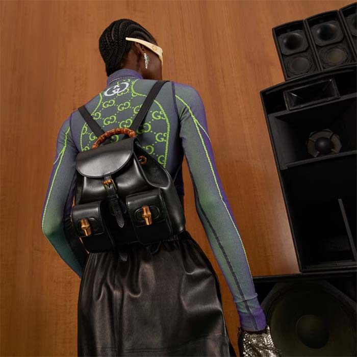 Gucci Unisex GG Bamboo Small Backpack Black Leather Bamboo Handle