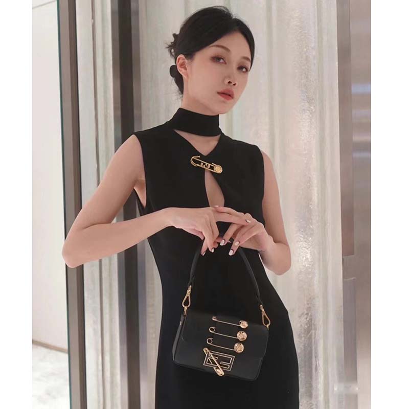 Fendi Women FF Brooch Mini Baguette Fendace Black Leather Bag