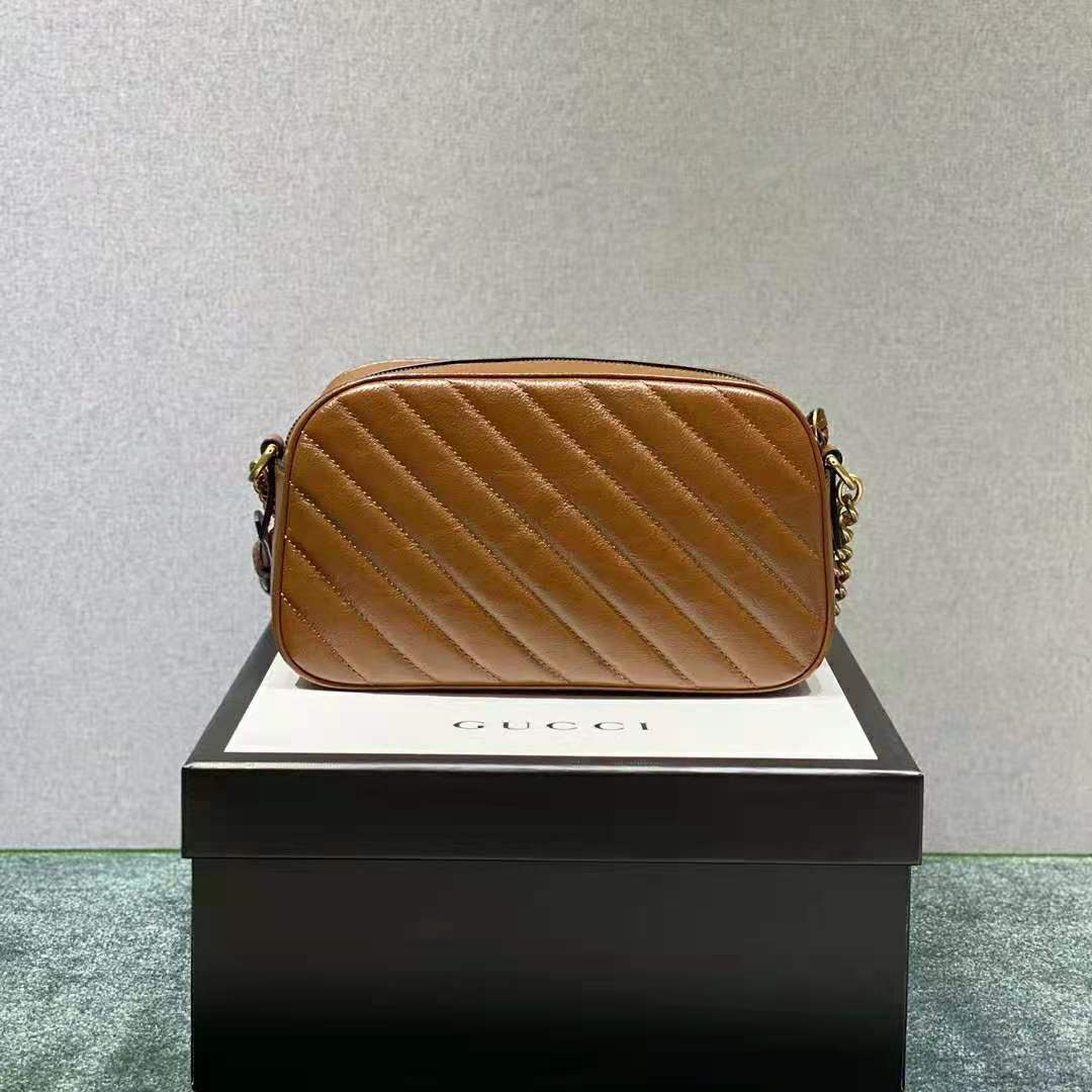 Gucci Women GG Marmont Small Matelassé Shoulder Bag Double G Brown Matelassé Leather