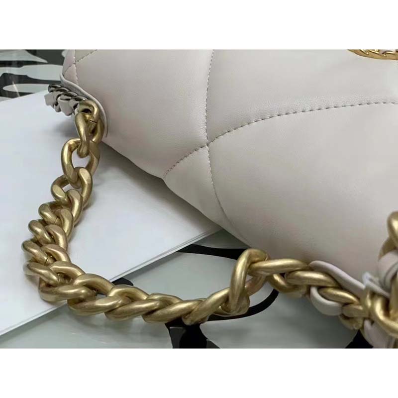 Chanel Women CC 19 Flap Bag Calfskin Gold Silver-Tone Metal White
