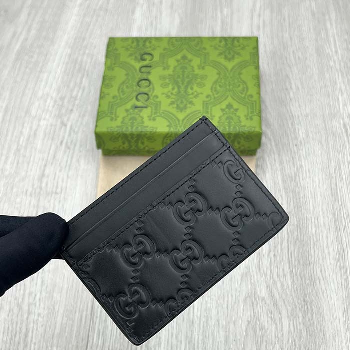 Gucci Unisex GG Gucci Signature Card Case Black Leather Metal Four Card Slots