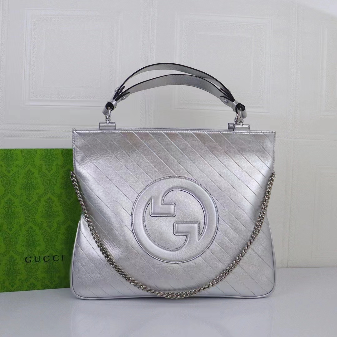Gucci Unisex Blondie Medium Tote Bag Silver Lamé Leather Round Interlocking G