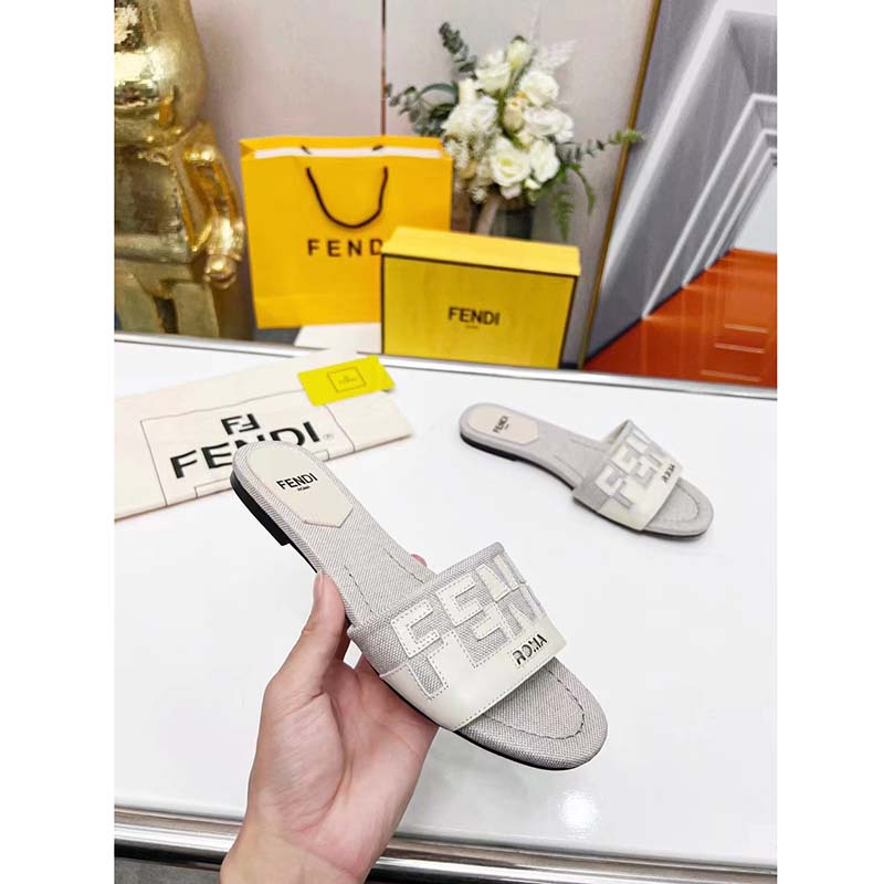Fendi Women FF Signature Canvas White Leather Slides 1 Cm Heel