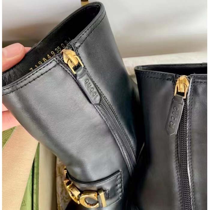 Gucci Women GG Gucci Boot Black Leather Script Rubber Sole Side Zip Closure Mid-Heel