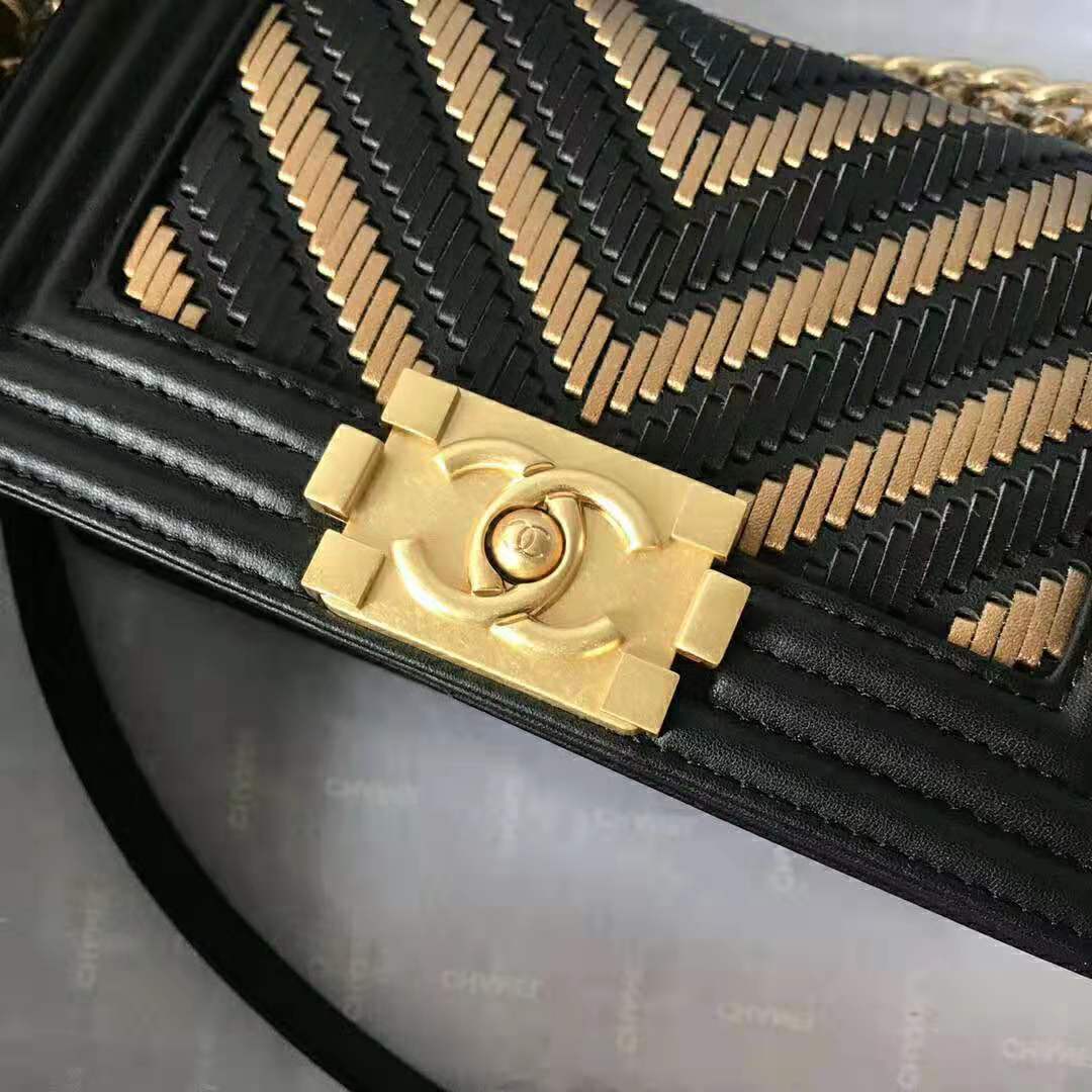 Chanel Women Small Boy Chanel Handbag in Metallic Lambskin Leather-Black and Gold