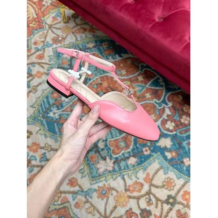Gucci Women GG Double G Ballet Flat Pink Leather Square Toe 1.5 CM Heel