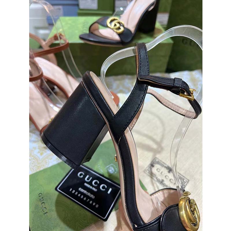 Gucci Women GG Leather Mid-Heel Sandal Black Double G 8 Cm Heel