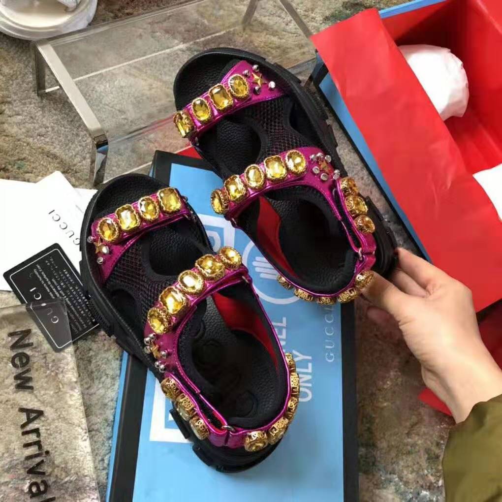 Gucci Women Metallic Leather Sandal with Crystals-Rose