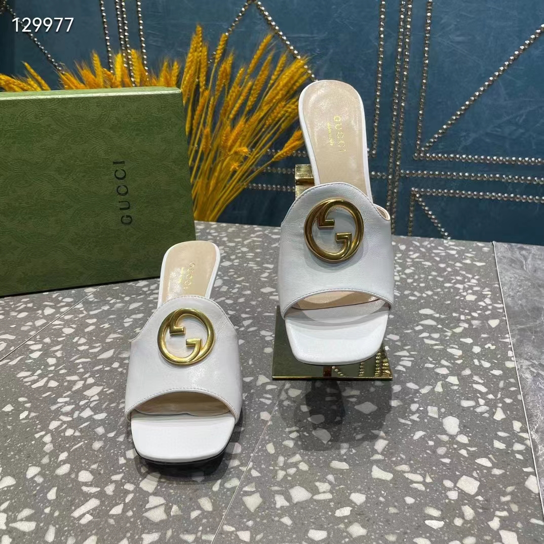 Gucci Women GG Blondie Slide Sandal White Leather Metallic Mid Heel 6.6 Cm Heel