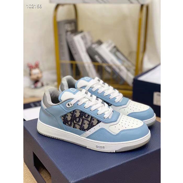 Dior Unisex Shoes CD B27 Low-Top Sneaker Light Blue White Gray Smooth Calfskin Oblique Jacquard