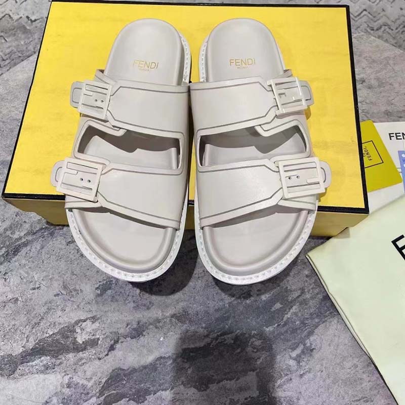 Fendi Women FF Fendi Feel White Leather Slides 0.5 Cm Heel