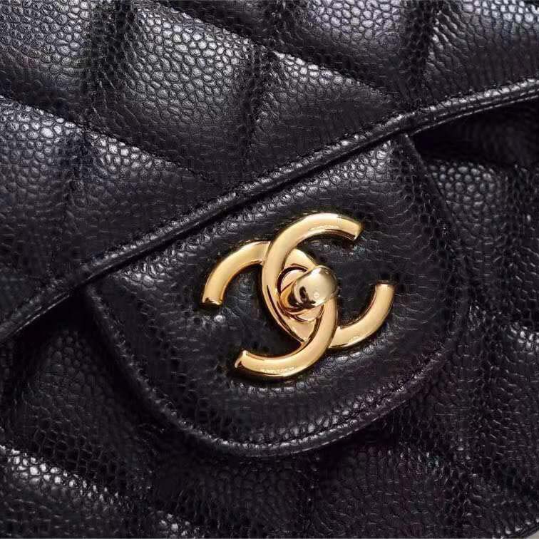Chanel Women Large Classic Handbag in Grained Calfskin Leather-Black
