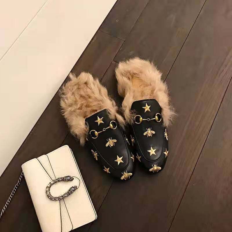 Gucci Unisex Princetown Embroidered Leather Slipper with Bees and Stars in Lamb Wool-Black