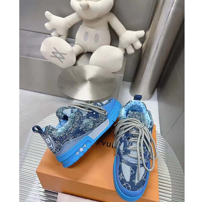 Louis Vuitton Unisex LV Skate Sneaker Blue Swarovski Crystals Monogram Denim Double Laces Rubber
