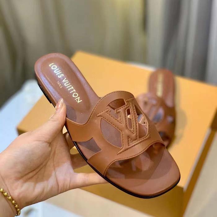 Louis Vuitton LV Unisex Isola Flat Mule Cognac Brown Calf Leather Circle Signature