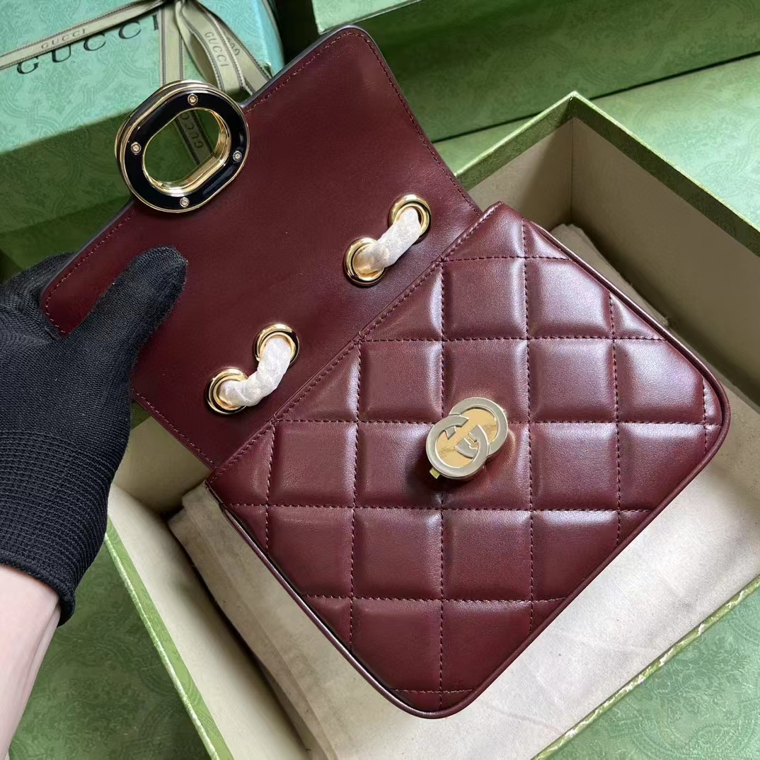 Gucci Women GG Deco Mini Shoulder Bag Dark Red Quilted Leather Interlocking G